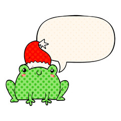 cute cartoon christmas frog and speech bubble in comic book style