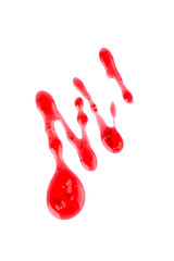 Cherry jam drizzle isolated on white background. Splashes of red berry jam. Top view.