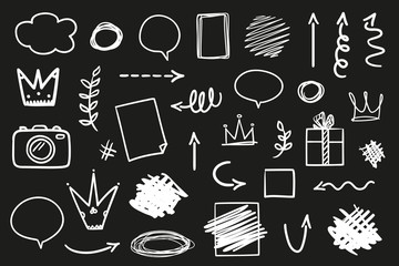 Hand drawn outline signs on black. Abstract symbols. Black and white illustration. Sketchy elements for design