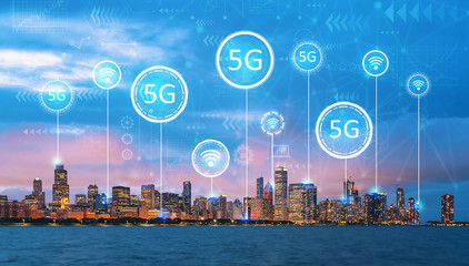 5G network with downtown Chicago cityscape skyline with Lake Michigan