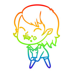 rainbow gradient line drawing cartoon vampire girl with blood on cheek