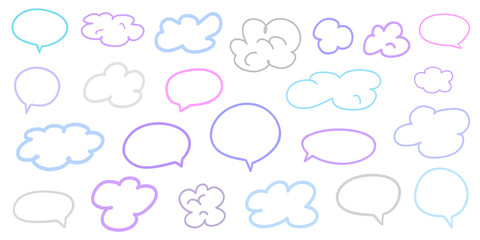 Outline colored think and talk speech bubbles on white. Abstract clouds on isolation background