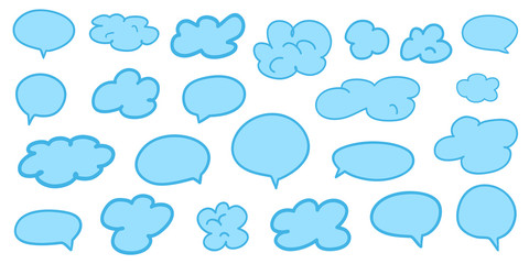 Set of hand drawn think and talk speech bubbles on white. Abstract clouds on isolation background. Sketchy doodles
