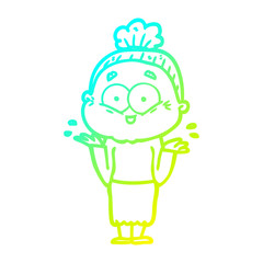 cold gradient line drawing cartoon happy old woman