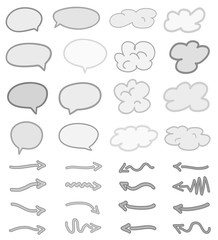 Hand drawn infographic elements on isolation background. Monochrome abstract clouds. Set of think and talk speech bubbles. Different arrows. Black and white illustration