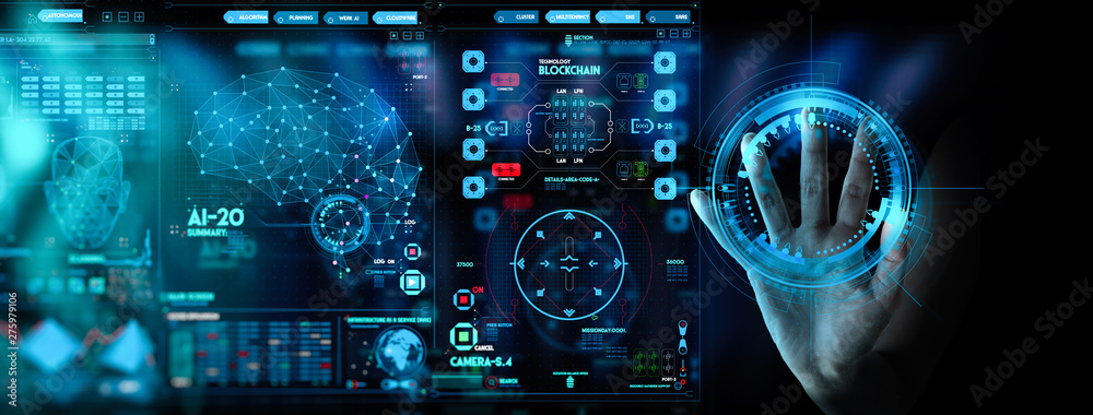 Poster Business hand working with cryptocurrency and Ai conputer interface.