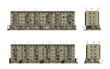 Abandoned Soviet 5-storey panel house. Set of 3d-renders