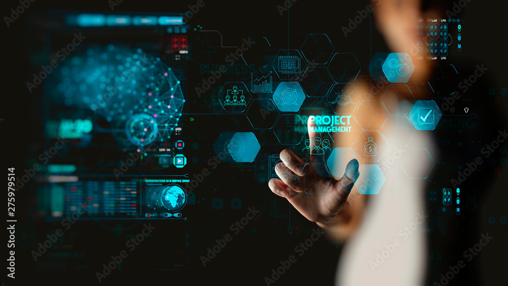 Poster businesswoman hand working with project manager and icons about planning tasks and milestones on schedule, cost management of Ui computer