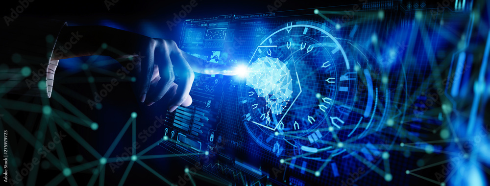 Poster Artificial intelligence (AI) with machine deep learning and data mining and another modern computer technologies UI by hand touching low poly icon.