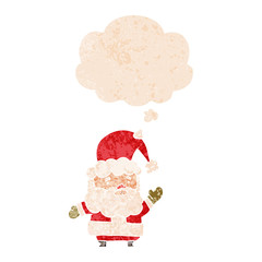 cartoon santa claus and thought bubble in retro textured style