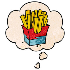 cartoon fries and thought bubble in grunge texture pattern style