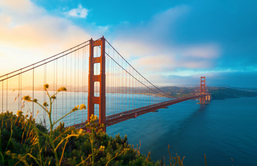 San Francisco's Golden Gate Bridge at sunrise from Marin County