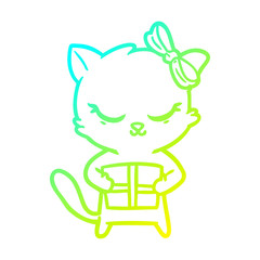 cold gradient line drawing cute cartoon cat with bow