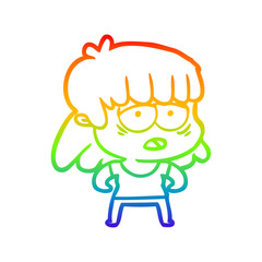 rainbow gradient line drawing cartoon tired woman