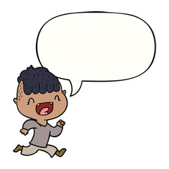 cartoon happy boy laughing and running away and speech bubble