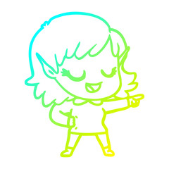 cold gradient line drawing happy cartoon elf girl pointing