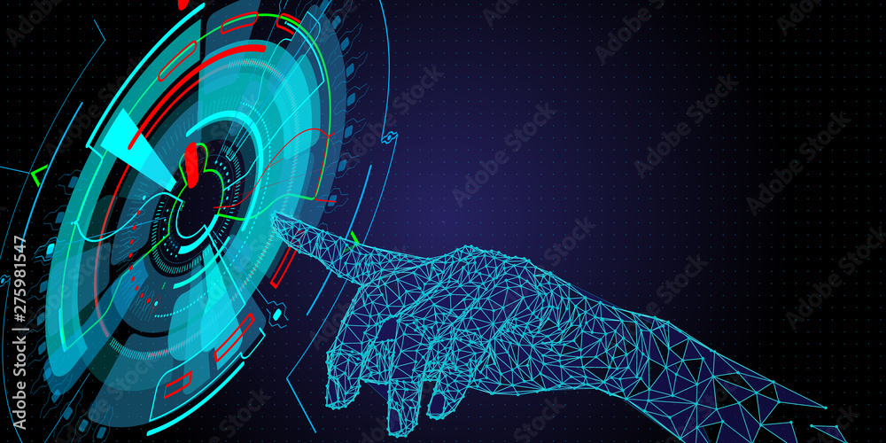 Poster Hand touching the future User Interface technology and the future of user experience.