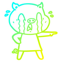 cold gradient line drawing crying pig cartoon wearing human clothes