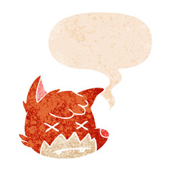 cartoon dead fox face and speech bubble in retro textured style