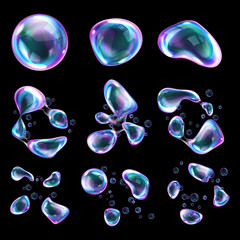 Bursting soap bubbles process stages, realistic transparent air spheres of rainbow colors with reflections and highlights deform and explode from blowing wind, vector illustrations isolated set