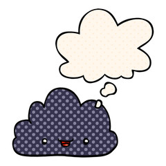 cartoon tiny happy cloud and thought bubble in comic book style