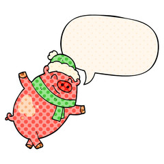 cartoon pig wearing christmas hat and speech bubble in comic book style