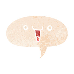 cute happy cartoon face and speech bubble in retro textured style
