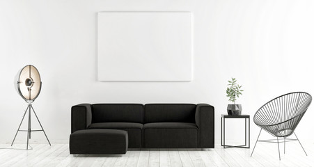 Mock up poster with dark sofa, Scandinavian design, 3d render, 3d illustration