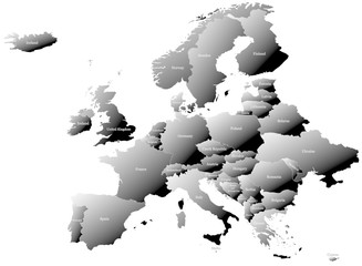 Map of Europe (without Russia) split into individual countries with labels. Gradual coloring of countries from white to black creating a 3D effect.