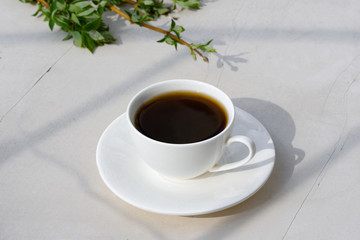 Fragrant coffee in a white cup, on a white table, with beautiful sprigs of leaves.