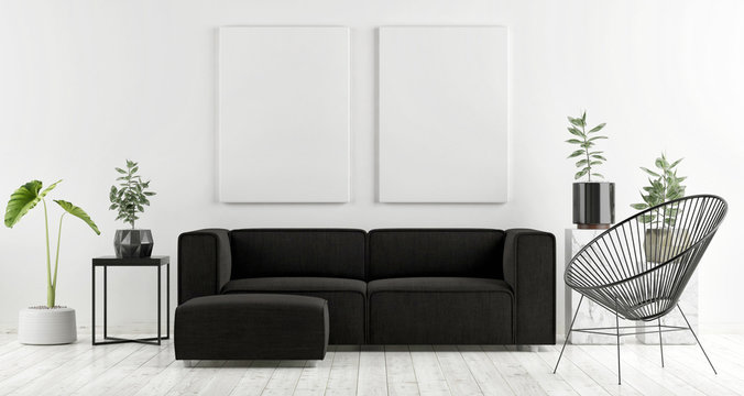Mock up poster with dark sofa, Scandinavian design, 3d render, 3d illustration