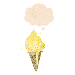 cute cartoon ice cream and thought bubble in retro textured style
