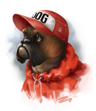 Digital portrait of a red dog breed boxer.Dog in a red baseball cap and red jacket. Digital painting.