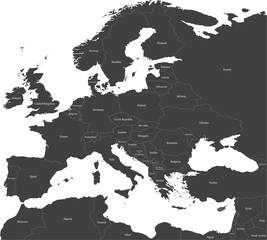 Map of Europe (with Russia) and north Africa split into individual countries with labels.