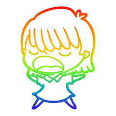 rainbow gradient line drawing cartoon woman talking loudly