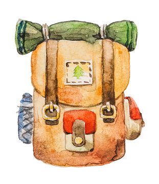 Hiking Backpack For Hiking Travel. Drawing Watercolor On White Background. Isolated Object