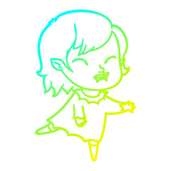 cold gradient line drawing cartoon vampire girl with blood on cheek