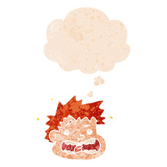 cartoon frightened face and thought bubble in retro textured style