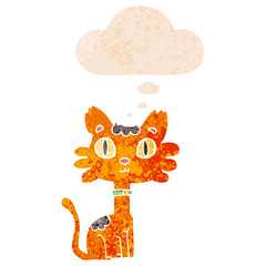 cartoon cat and thought bubble in retro textured style