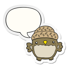cute cartoon owl in hat and speech bubble sticker