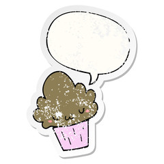 cartoon cupcake and face and speech bubble distressed sticker