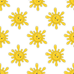 Happy sun. Colored seamless pattern with cute cartoon character. Simple flat vector illustration isolated on white background. Design wallpaper, fabric, wrapping paper, covers, websites.