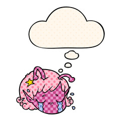 cartoon alien space girl face crying and thought bubble in comic book style