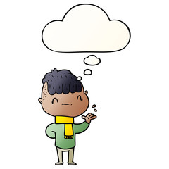 cartoon friendly boy and thought bubble in smooth gradient style