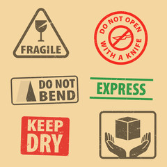 Set of fragile sticker keep dry and case icon packaging symbols sign, fragile  and Express rubber stamp on cardboard background, vector illustration. Use on package. EPS10.
