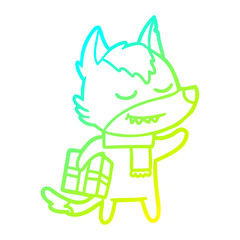 cold gradient line drawing friendly cartoon wolf carrying christmas present