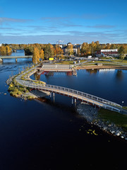 Aerial view of a new public space on an island in a European city. Ilosaari Island in Joensuu, Finland.