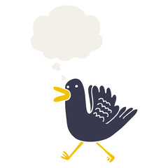 cartoon duck running and thought bubble in retro style