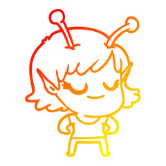 warm gradient line drawing smiling alien girl cartoon