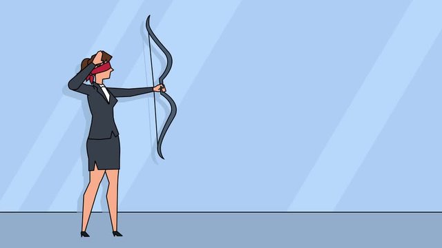 Flat cartoon businesswoman character  archery blindfolded animation